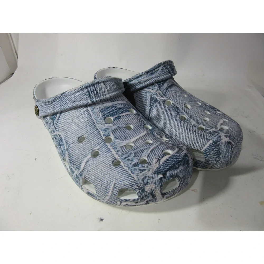 Crocs Classic Clog Mens Size 13 Blue Denim Print Distressed Aesthetic Strap